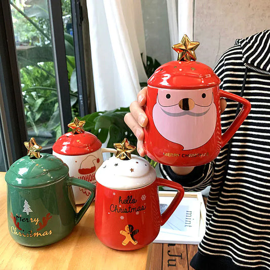 Nordic Santa Ceramic Mug with Lid and Spoon